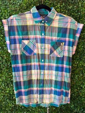 Tommy Hilfiger Blue Green Multicolor Plaid Short-Sleeve Button-Down Shirt